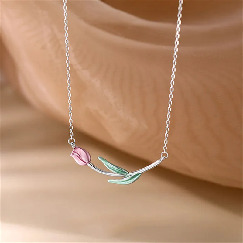 Aesthetics Oil dripping Tulip Pendant Necklace Women 925 Sterling Silver Fashion Charm Anniversary Jewelry Gift