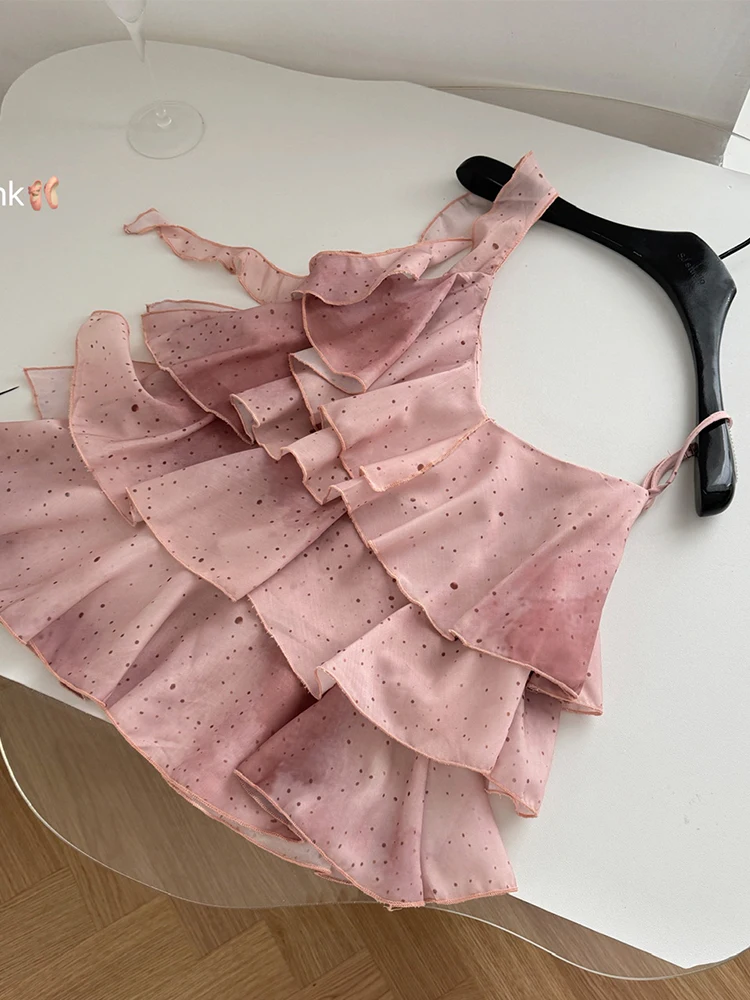Summer Women Coquette French Vintage Camisole Chiffon Gyaru Tierred Ruffles Halter Top 2000s Aesthetic Mori Girl Solid Color New