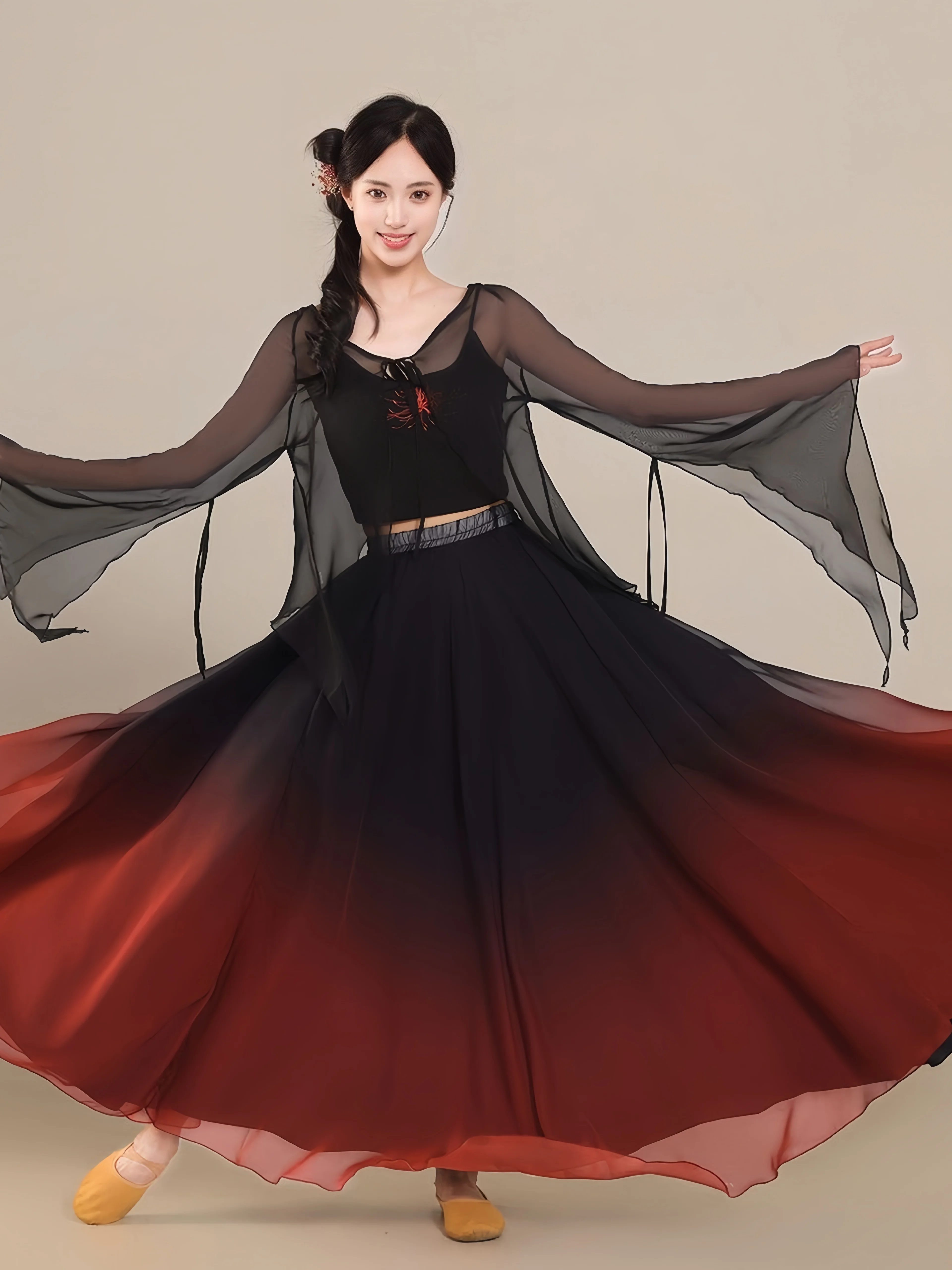 new-classical-dance-costume-set-women's-black-and-red-gradient-skirt-elegant-draping-performance-practice-uniforms-sportswear