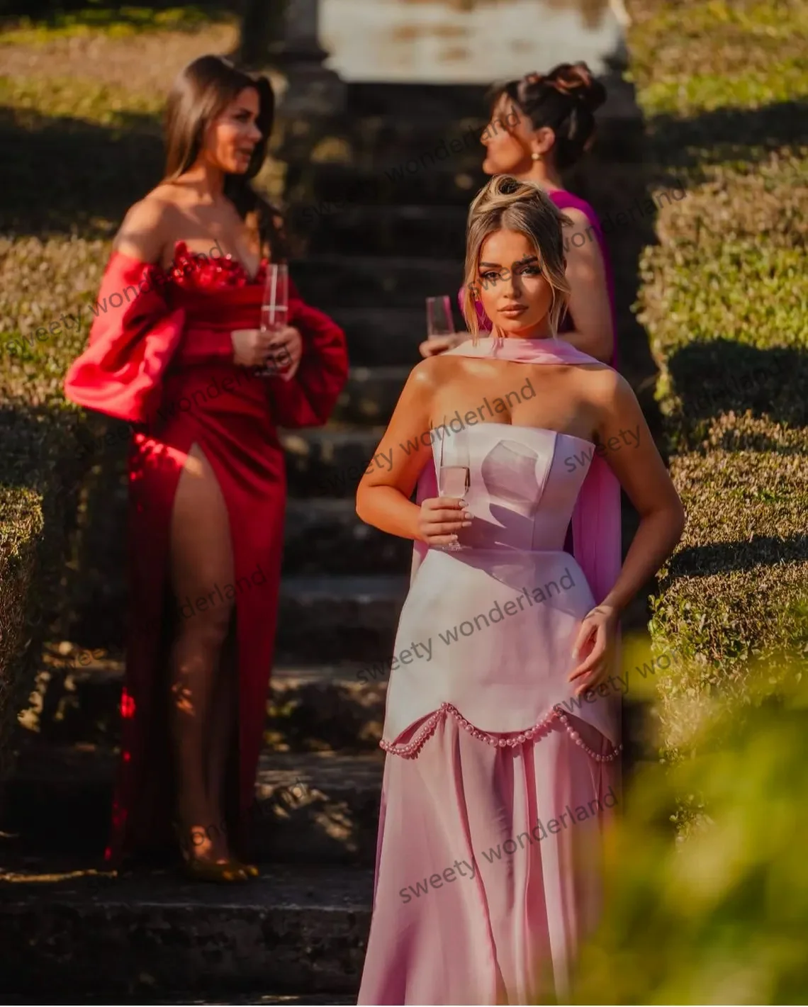 Pink Strapless Evening Dresses Woman Transparent Skirt vestidos de noche Prom Dress Elegant Wedding Party Gowns Customized