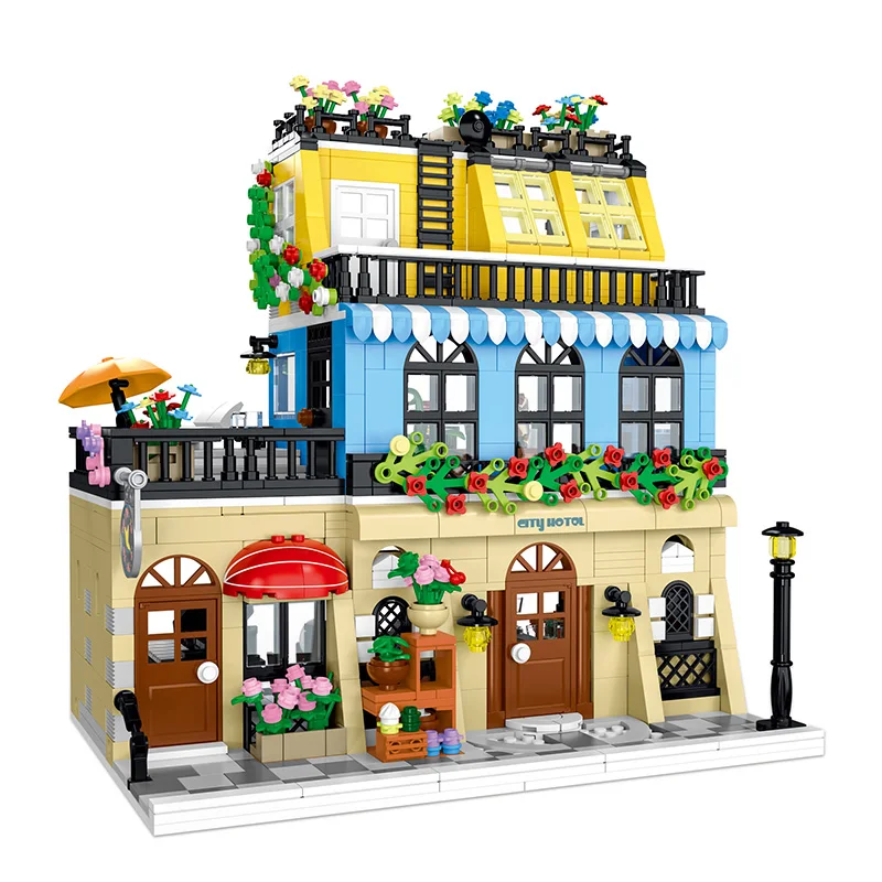 1443-1489pcs Creative City Cafe Light Streetview Building Blocks Bricks Model Sets MOC Modular Architecture Boys Toys Kids Gifts