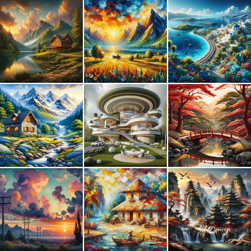 Landscape Fantasy Tower Printed Cross-Stitch Embroidery Complete Kit Handmade Handicraft Knitting Sewing Mulina Promotions Magic