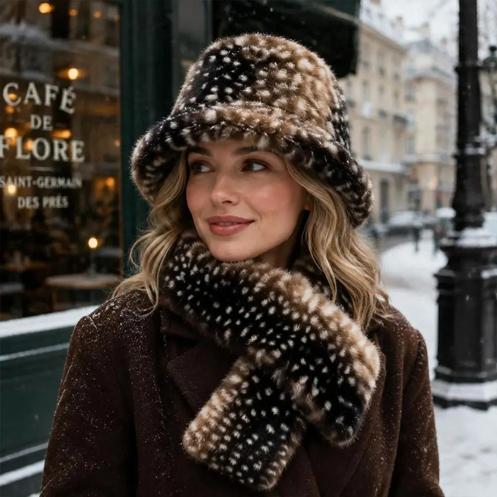 Fashion Faux Fur Winter Hat Scarf Set Windproof Thick Warm Snood Scarf Fur Ear Protection Fisherman Hat Scarf Women