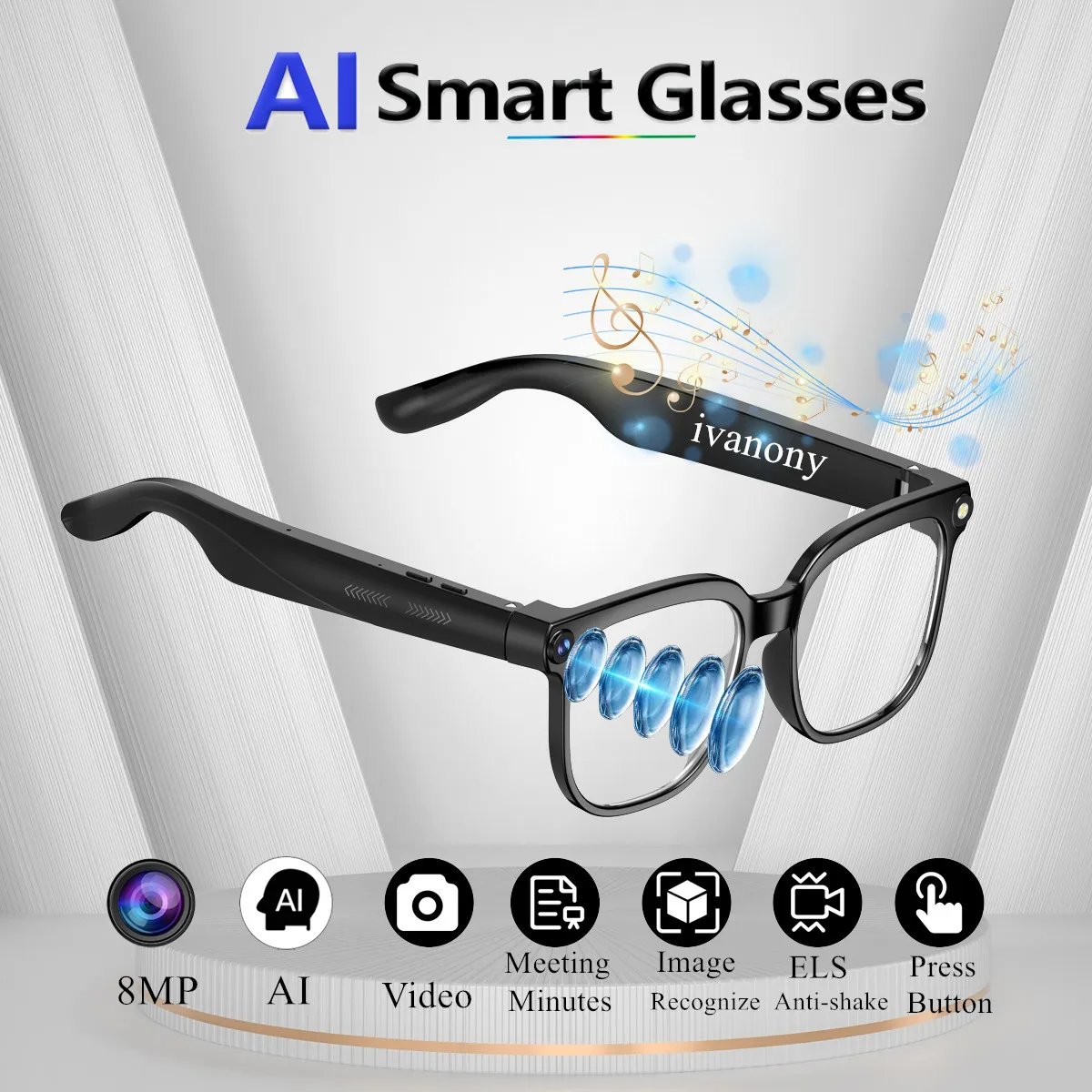 

Умные очки с видеокамерой 8MP HD 1080P с защитой от сотрясений, видеосъемка, двойной динамик, Bluetooth-вызов, умная передача, очки для мужчин