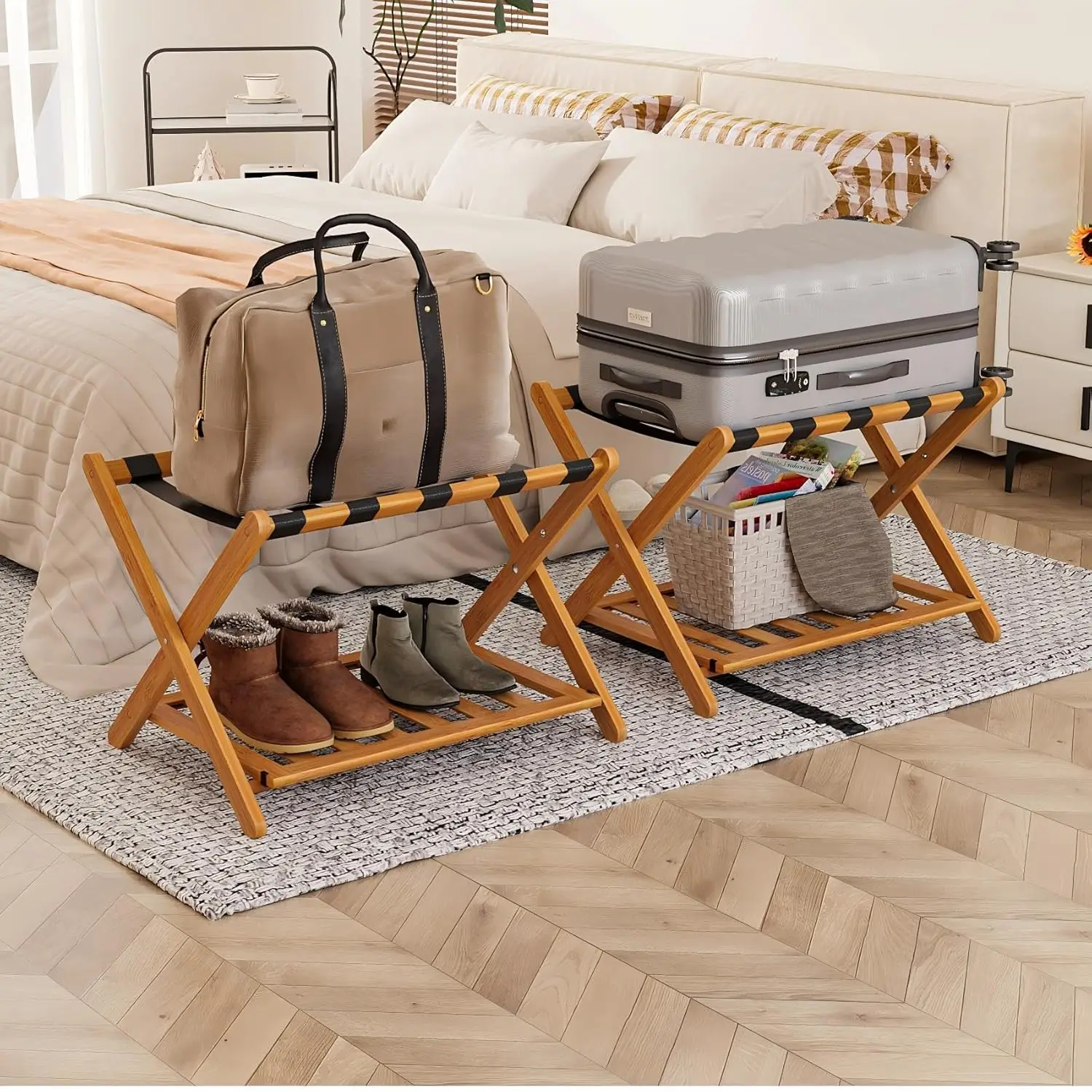 Pack of 2 Fully Assembled Bamboo Luggage Racks with Shoe Shelf, 5 Heavy-Duty Straps Folding Suitcase Stand, Luggage, Customized