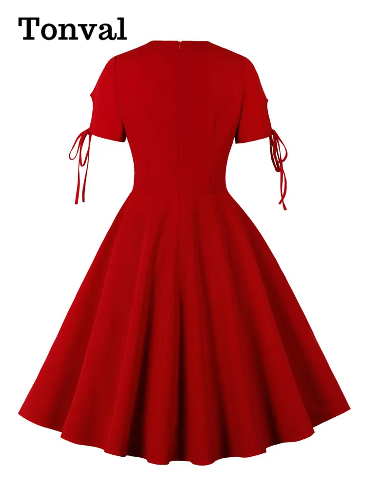 Tonval Red Elegant Solid High Waist Women Summer Dresses Keyhole Front Knot Cuff Vintage Swing Dress Party Evening 2025