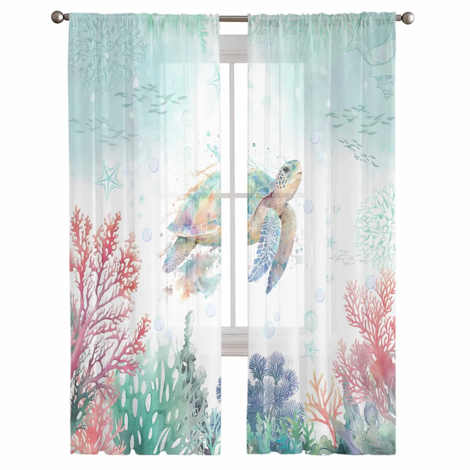 Sea Life Sea Turtle Coral Blue Sheer Curtains for Living Room Kitchen Window Curtains Bedroom Tulle Voile Curtains