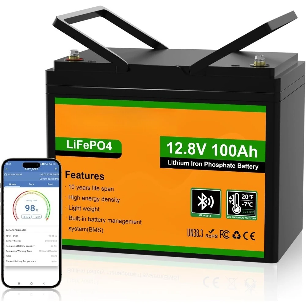 12V 100AH LiFePO4 Lithium Battery with Bluetooth, Max.1280Wh Energy, Low Temperature Protection, Marine-Grade Battery w/ 100A BM
