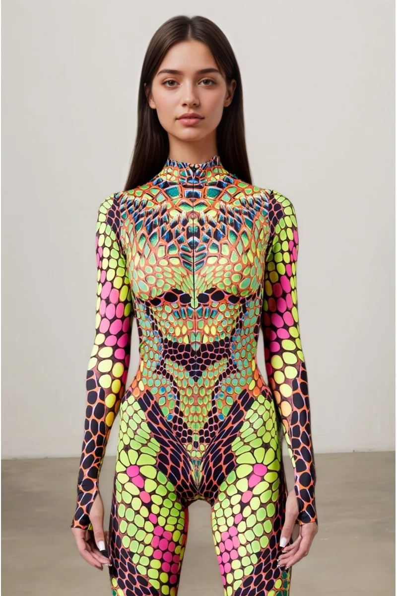 IOOTIANY Damen Schmetterling-Schlangen-Bodysuit Catsuit Tribal Halloween Party Rave Jumpsuit Festival Cosplay Performance Zentai – Detail 15