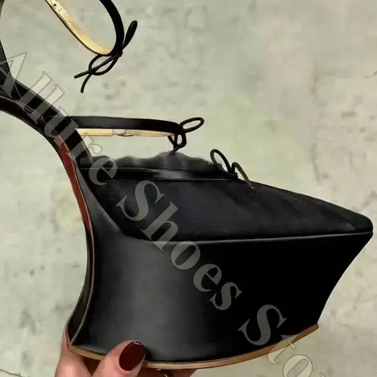 Pointed Toe Platform Heels Satin And Tulle Upper Bow Accents Adjustable Ankle Strap For Bridal And Special Occasions