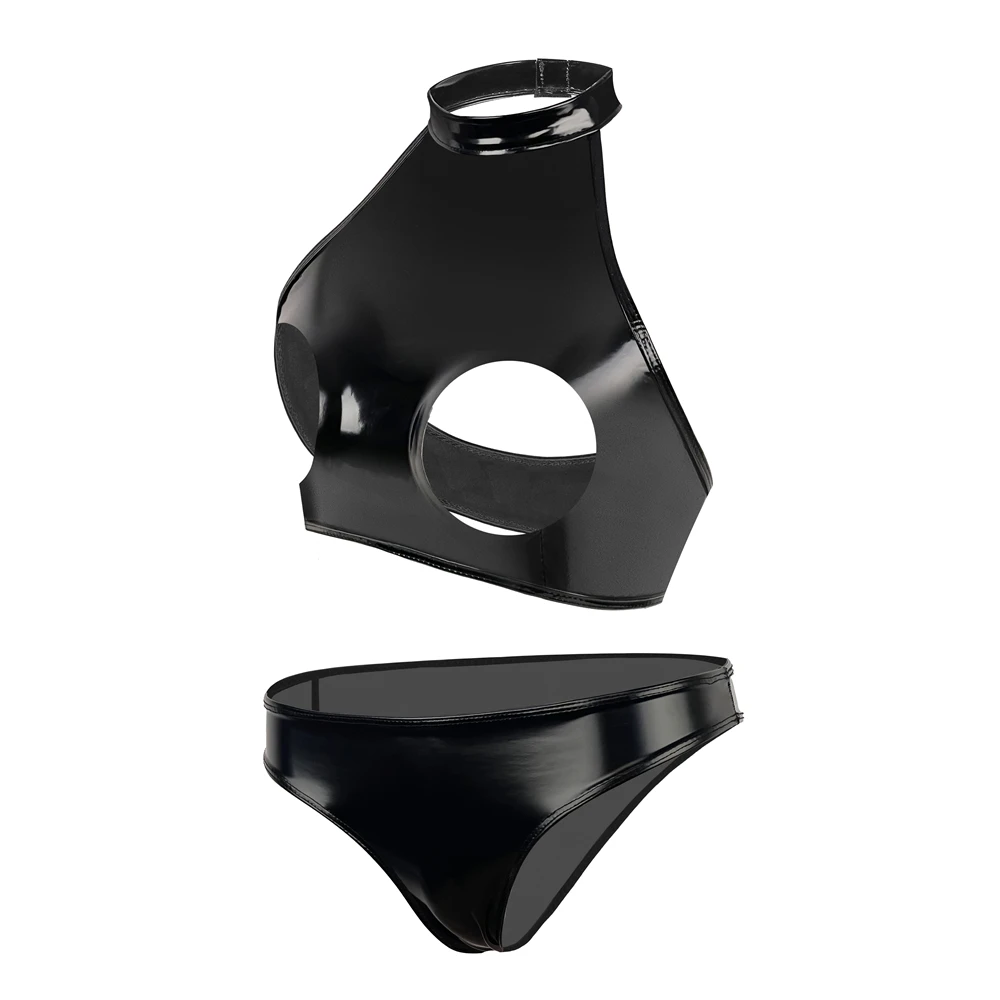 

Sexy Women Bras + Briefs Wetlook Glossy PVC Leather Erotic Lingerie Sets Hollow Out Open Cup Camisoles Low Rise Panties Clubwear