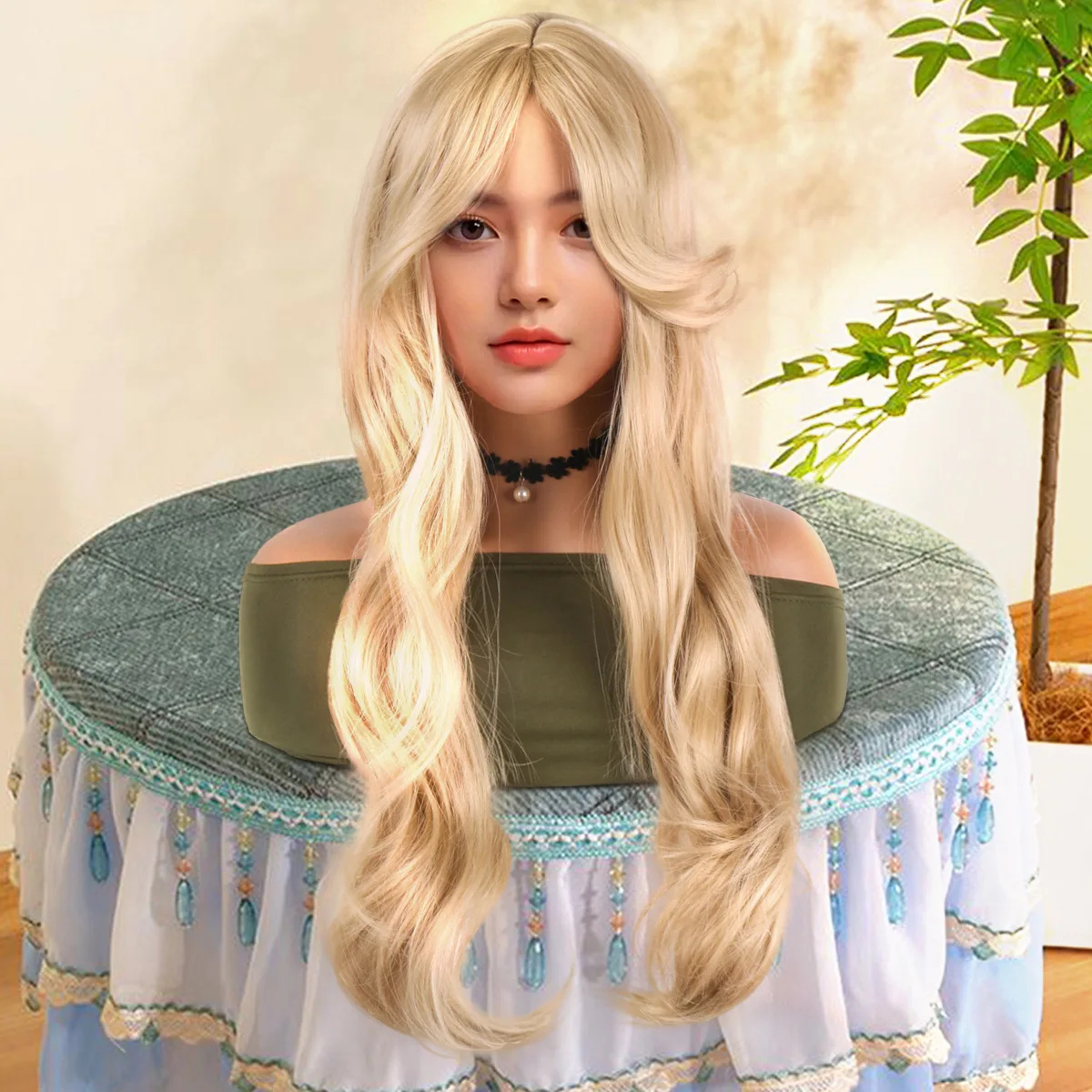 

Платиновый блонд: длинный волнистый парик с боковой чёлкой, натуральный пышный, термостойкий, из синтетических волос, на всю голову, для женщин