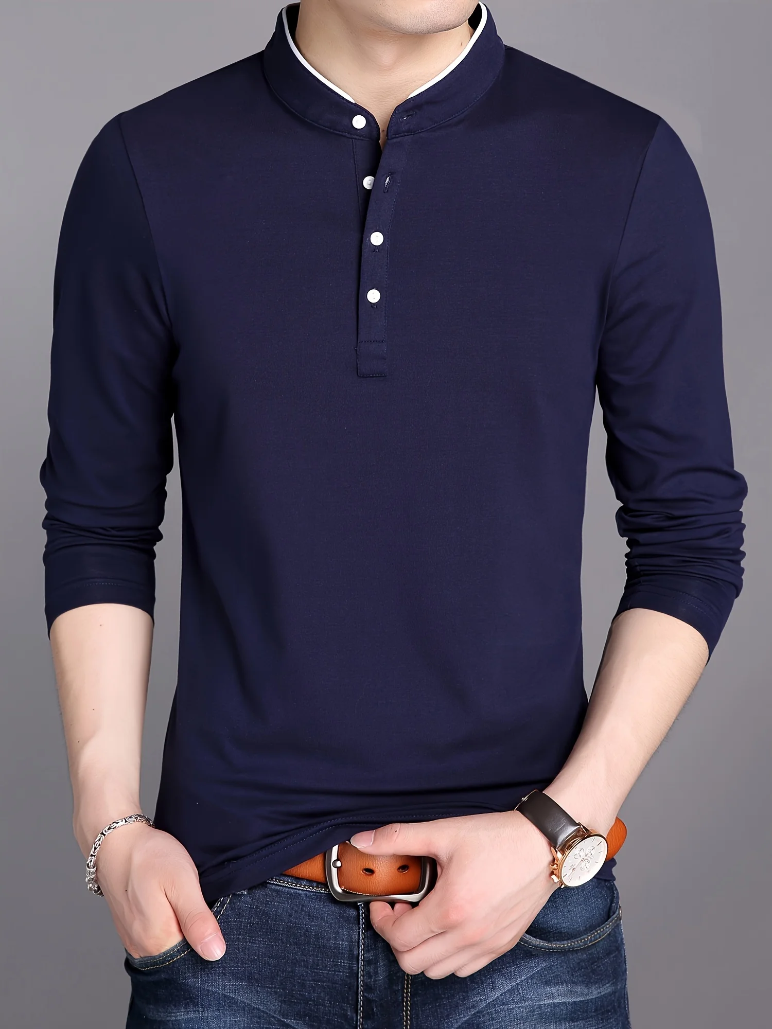 

Men's Stand Collar Long Sleeve T-Shirt, Thin Base Layer Top for Middle-Aged, Spring Autumn Wear