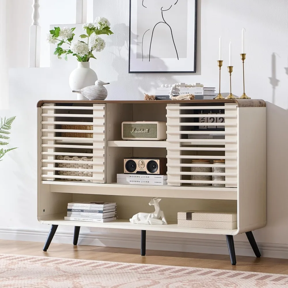 

46" Entryway Table with Slatted Sliding Door, Mid Century Modern Console Table w/Adjustable Storage Shelf, Wood Sofa Table