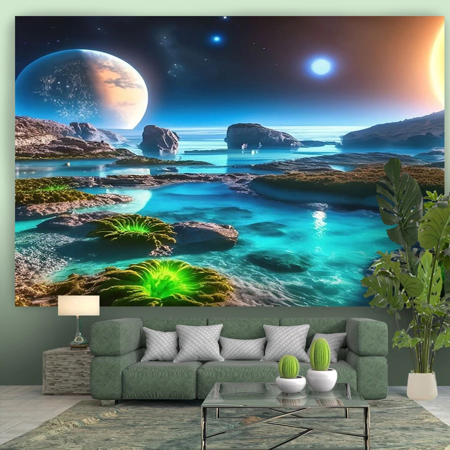 1PC Sci Fi Planet Ocean Rock Print Backdrop Banner, Bedroom Living Room Photo Background, Polyester, Home Decor, Wall Art