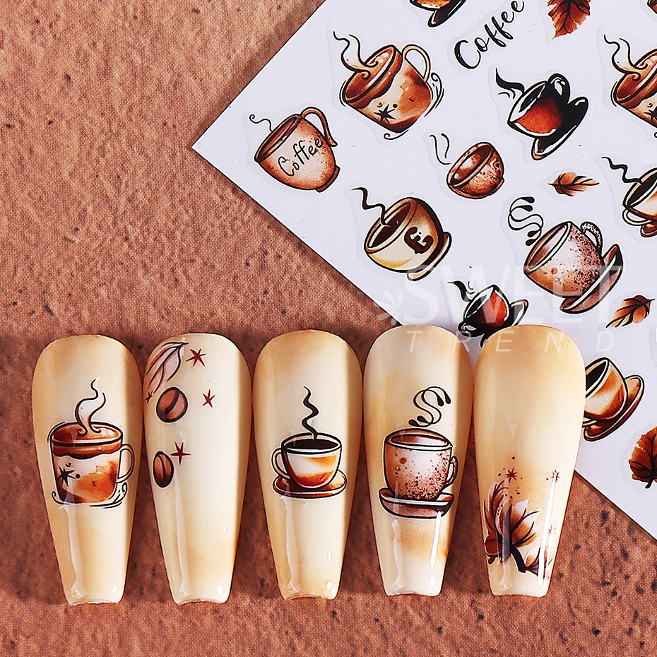 2 stuks retro nagelstickers 3D herfst esdoornblad koffie patroon zelfklevende nagelstickers DIY eenvoudige manicure decoratie sliders