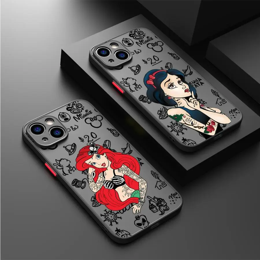 Disney Tattoo Ariel Princess Case for Apple iPhone 16 15 11 14 13 12 Pro 7 XR X XS Max SE 2020 16Pro Black Matte Phone Funda