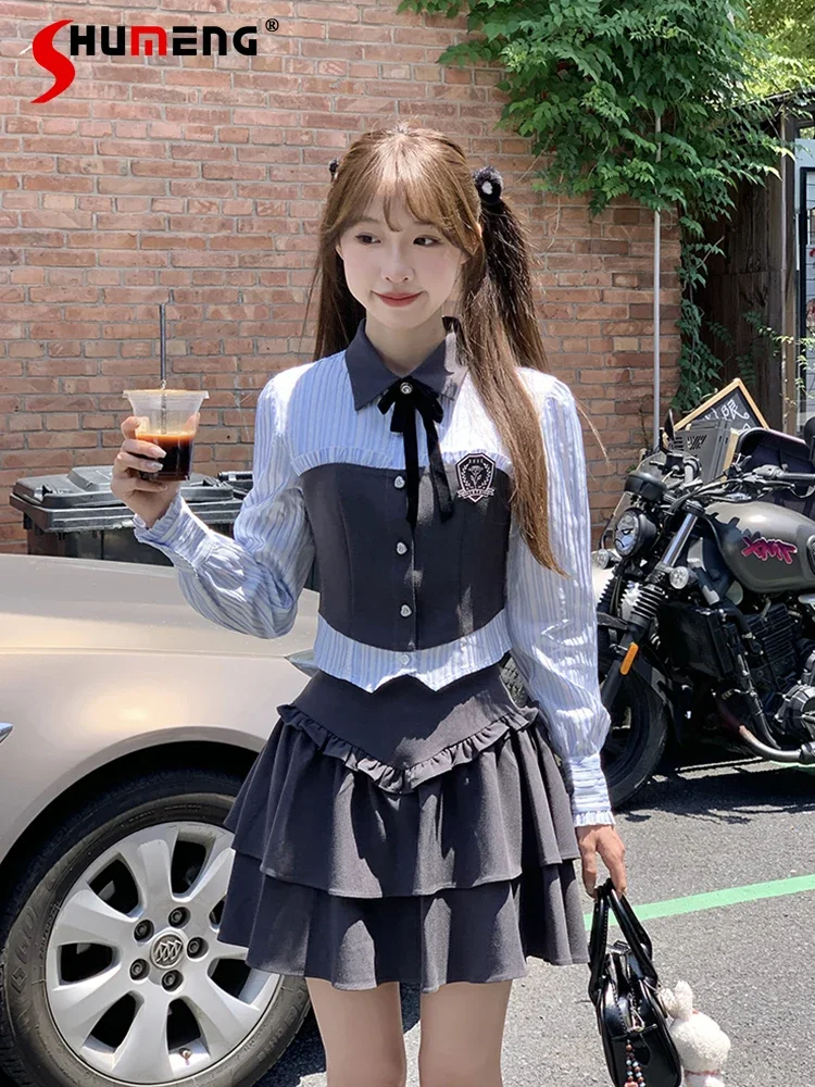 

Japanese Sweet Preppy Style Polo Collar Long Sleeve Slim Fit Stripe Shirt High Waist A-line Pleated Skirt Two Piece Set Women