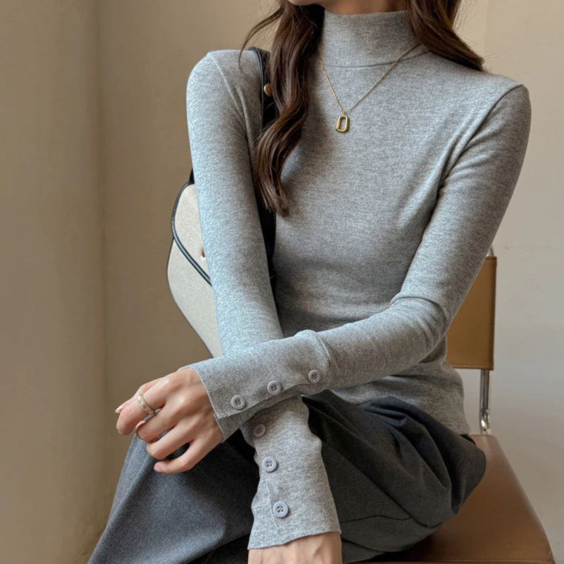 

Elegant Tight Turtleneck Pullovers Women Autumn New Solid Color Versatile Bottoming Tees Chic Button Temperament Woman Clothes