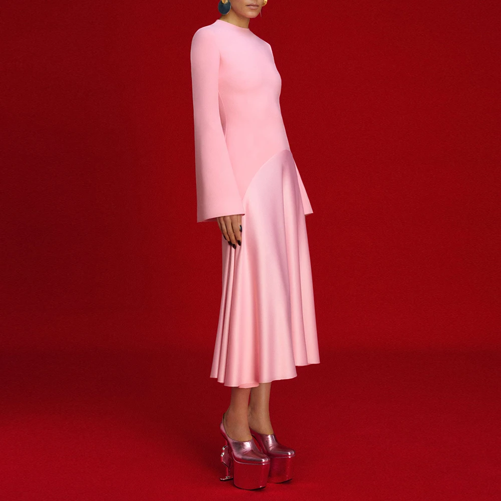 TWOTWINSTYLE Solid Slimming Fashion Dresses for Women Round Neck Long Sleeves Patchwork Zipper Temperament Dress Female Clothes