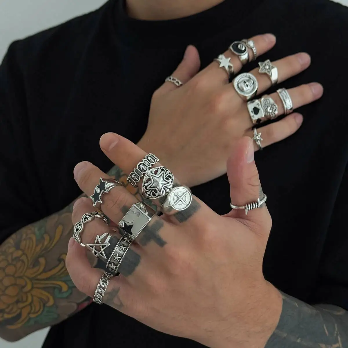 SHIXIN 20Pcs/Set Punk Geometric Stars Rings Men Hip Hop Stackable Silver Color Knuckle Rings Set Fashion Jewelry  Accessories