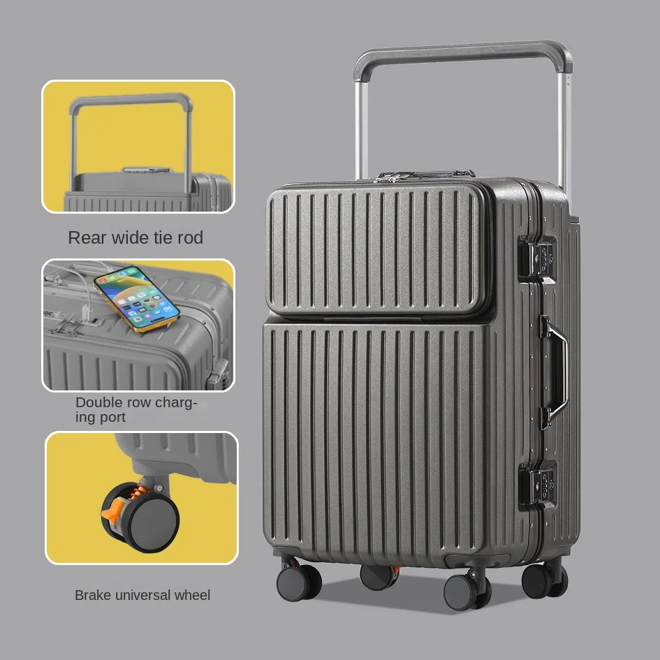جديد الألومنيوم الإطار الجبهة افتتاح واسعة حقيبة تروللي بعجلات 20 بوصة الناقل متعددة الوظائف 26/28 حقائب سفر سعة كبيرة