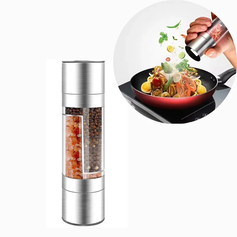 2-in-1Manual Dual-Chamber Salt Pepper Grinder Stainless Steel Adjustable Ceramic Mill Transparent Window Kitchen Tool Convenient