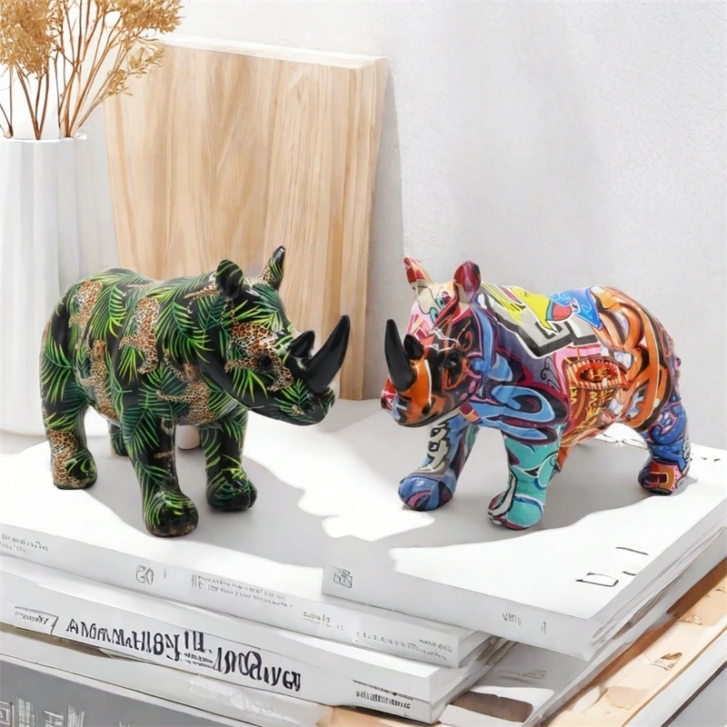 

Nordic Colorful Rhino Resin Figurine Table Sculpture For Living Room Office Desk Centerpiece Cute Elegant Gift For New Home
