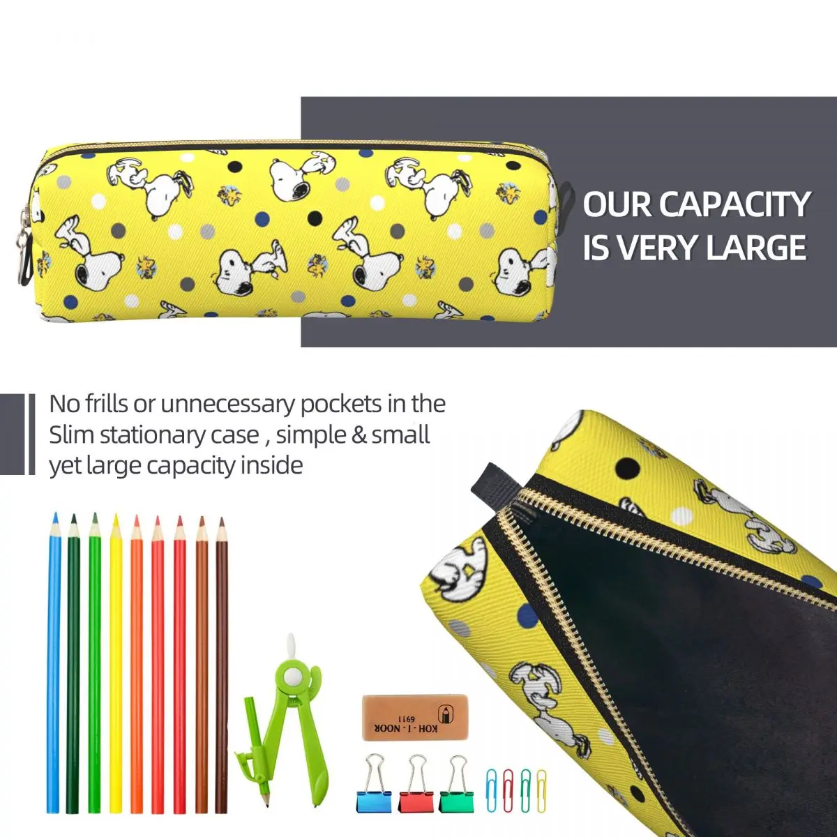 Yellow Snoopy Woodstock Pencil Case Cartoon Pen Box Bags Student Large Storage School Supplies Zipper Pencilcases