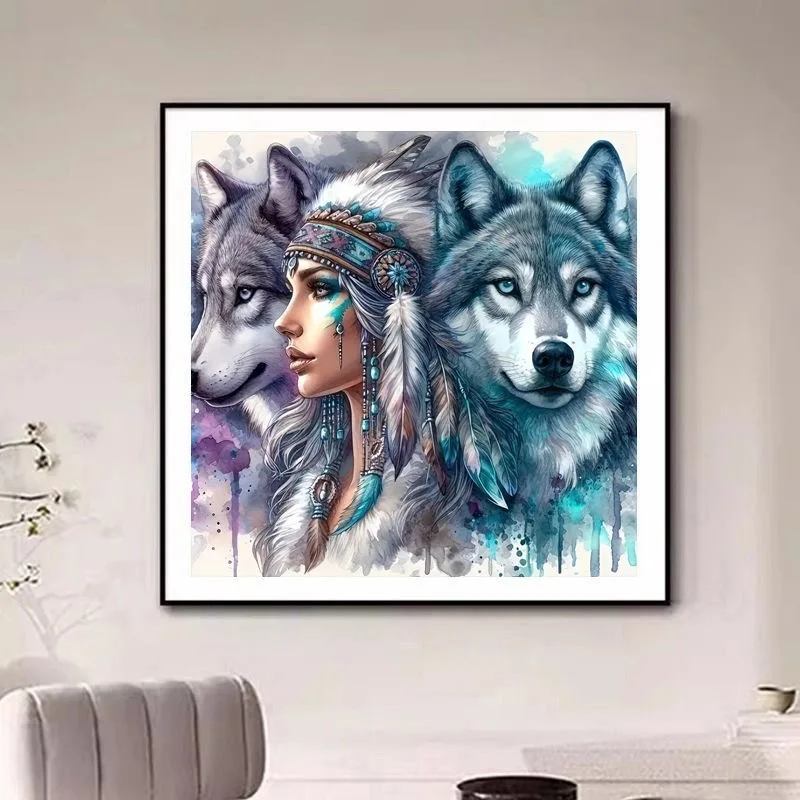 

2025 New Needlework Cross stitch kit set,Wild Indian Wolf Beauty Tribe Print Pattern Embroidery Painting Handwork Birthday Gift