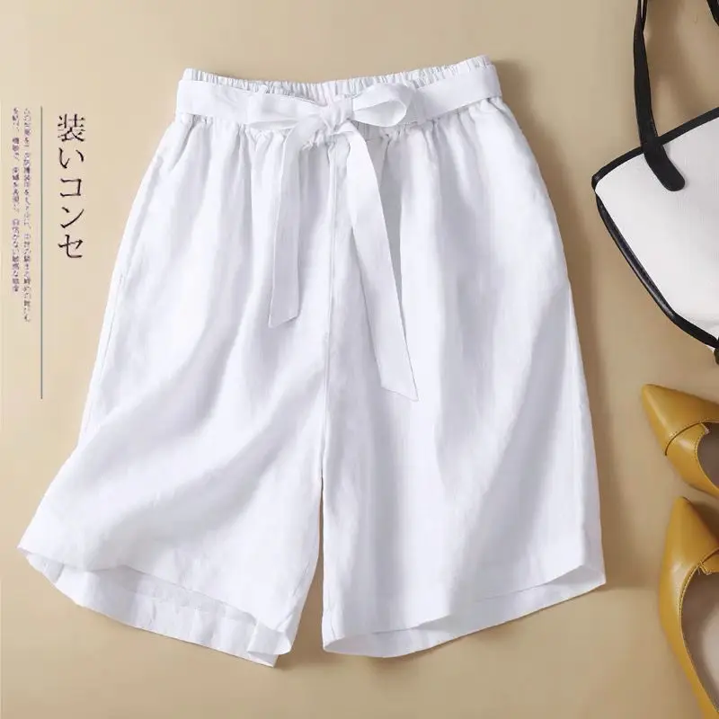 女性蝶ネクタイウエストバンドコットンリネンルーズワイドレッグリネンカジュアル5分パンツ