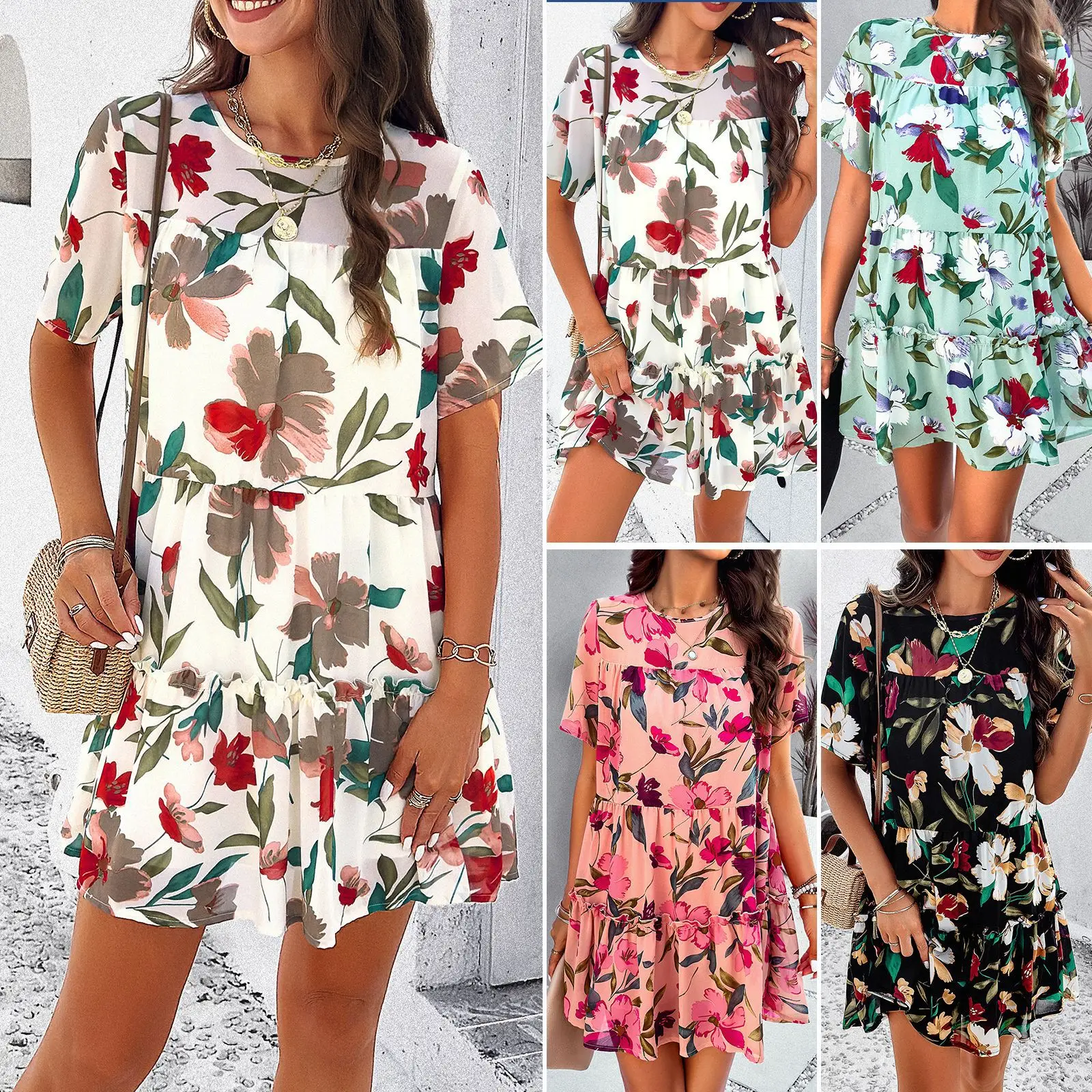 High Quality Spring Summer 2024 Leisure Vacation Printed Short Sleeved Ruffled Edge Dress Vintage Dress Sexy Women Clothing Y2k