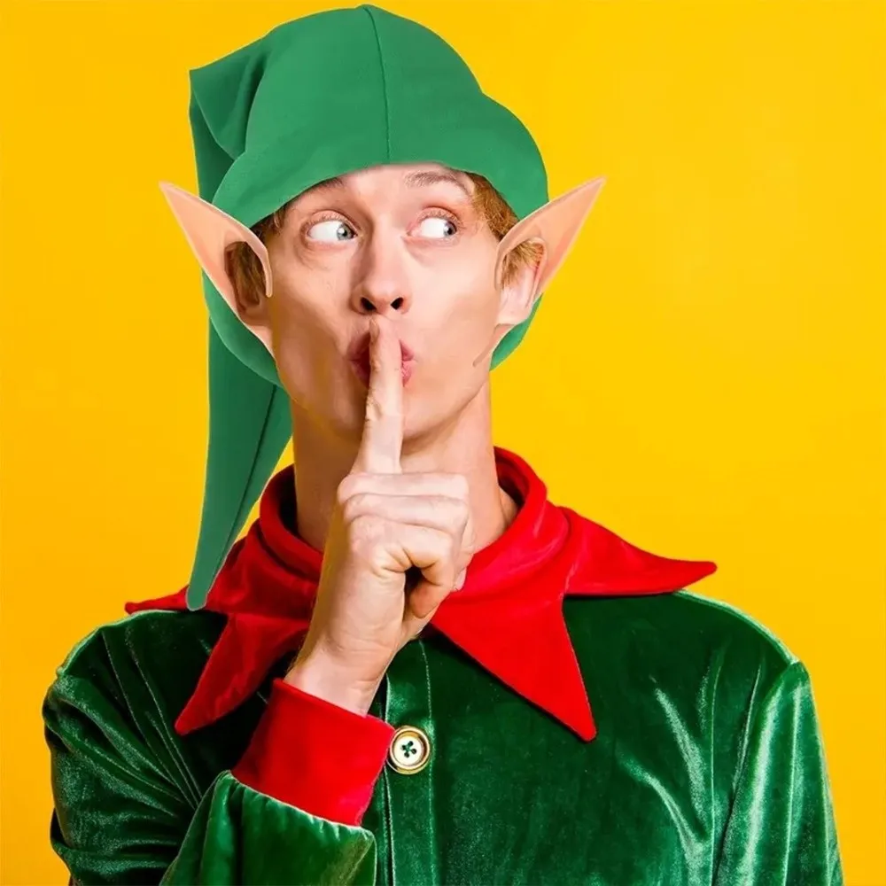 Dress Up Long Pointed Halloween Elf Accessory Set Velvet Soft Elf Hat Realistic Latex Green Gnome Hats Christmas Festive
