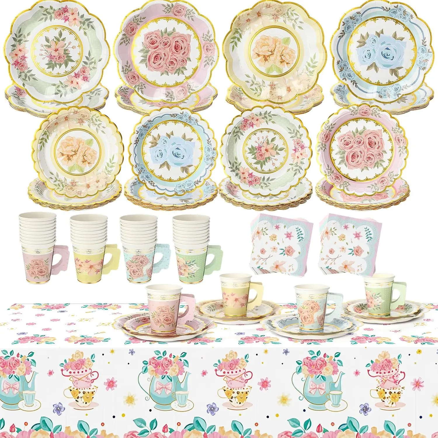 

193 Pcs 48 Guests Tea Birthday Party Supplies Disposable Tableware Set 9 oz Paper Tea Cups with Handle 7" 9" Paper Plate