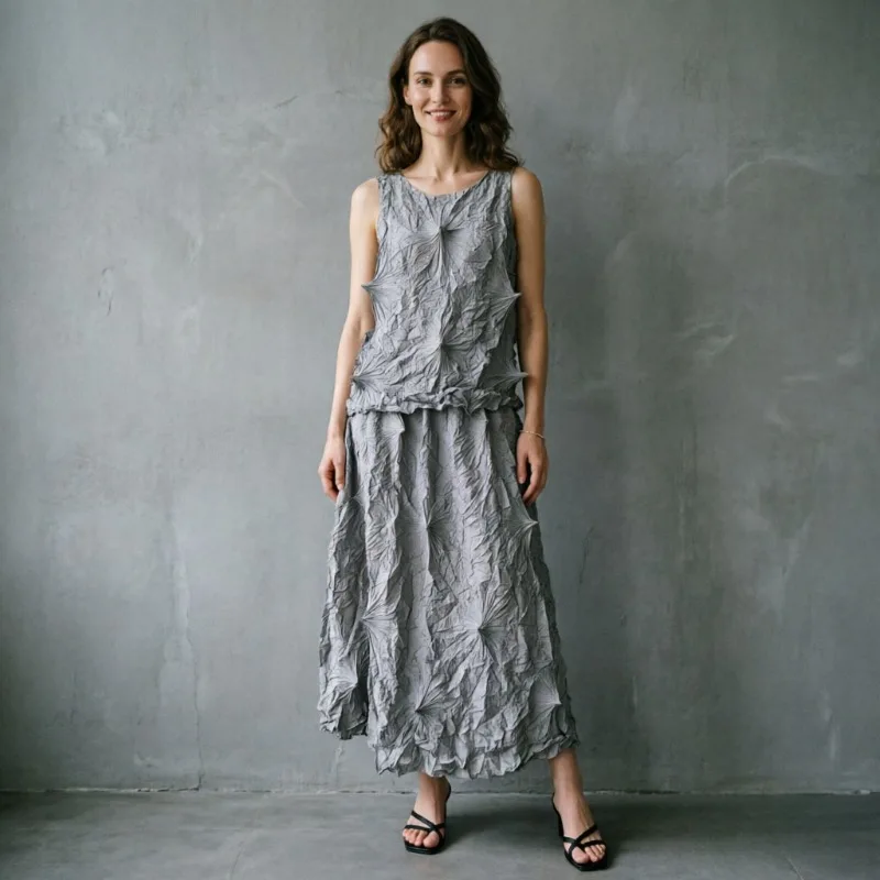 Miyake Original Pleated Skirt Set Women Niche Design Sea Urchin Set Handmade Pleats 2026 Summer Top + Skirt  Age-Reducing Casual