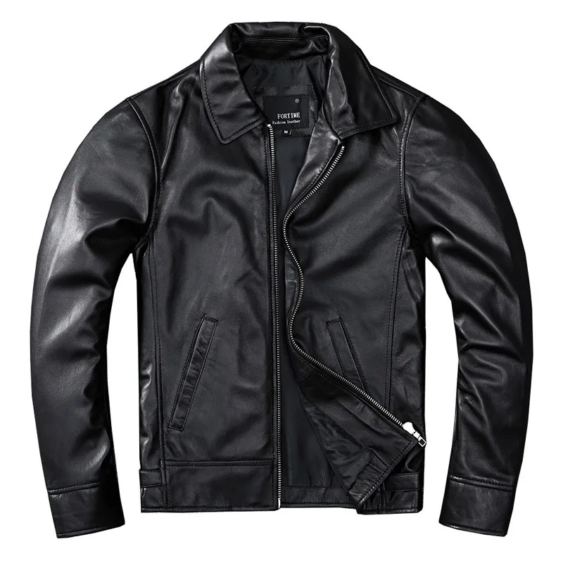 New top-grain leather men's short thin lapel casual coat