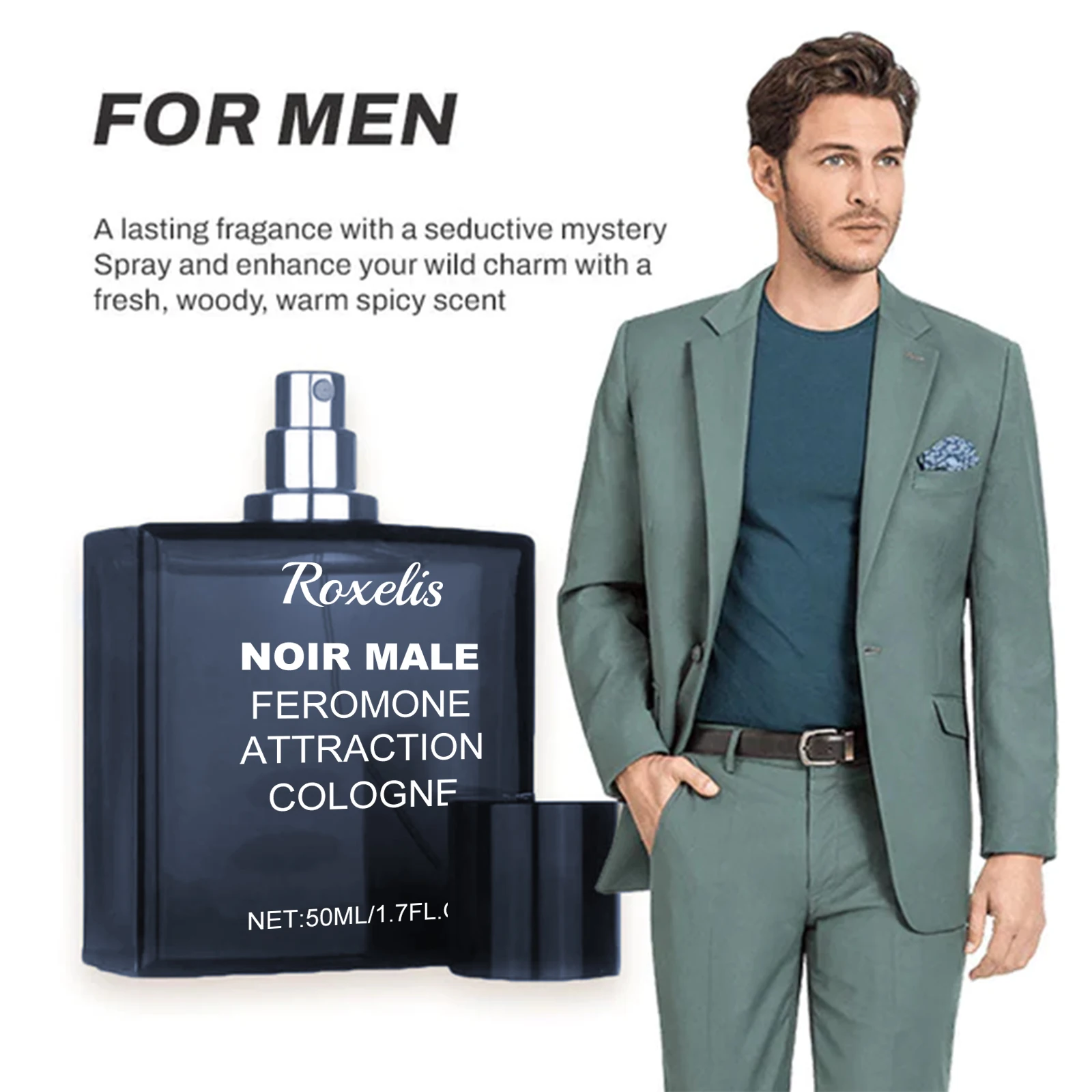 Roxelis Men's Perfume 50ml - Long-Lasting Fragrance, Refreshing & Mild Scent, Non-Pungent, Boost Charm for Dating & Daily Wear