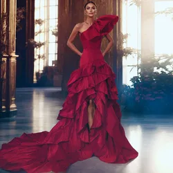 Vintage Royal Red Asymmetrical Satin Long Evening Dresses With Layered Ruffles Details One Shoulder Long Maxi Gowns