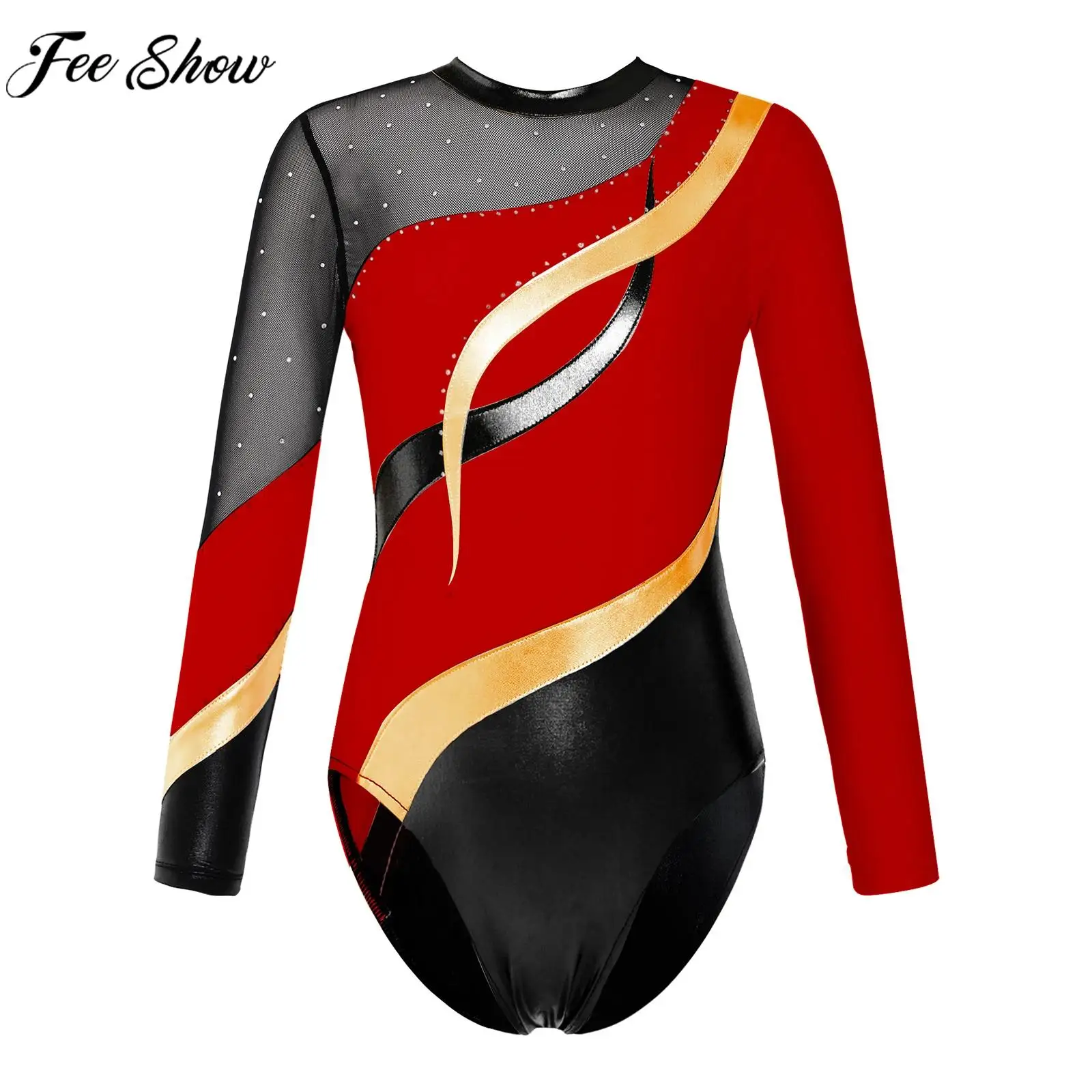 

6-16Y Girls Long Sleeve Shiny Rhinestone Mesh Dance Leotard Ballet Gymnastic Figure Skating Yoga Bodysuit Performance Dancewear