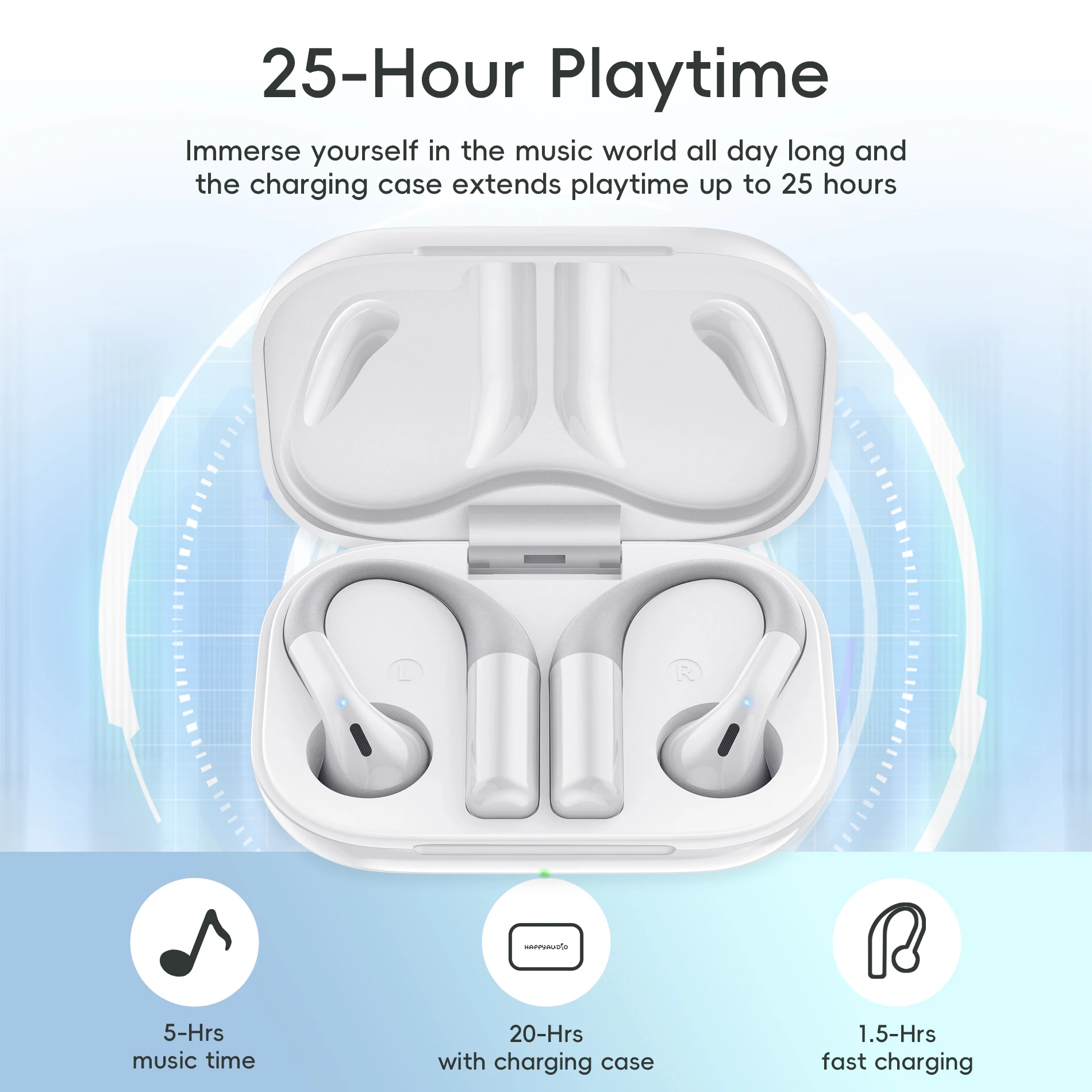 

Happyaudio S9 Совместные наушники 25 + час с длительным сроком службы батареи, эргономичный дизайн, стабильные наушники, автоматическая пара, беспроводные наушники 5,4
