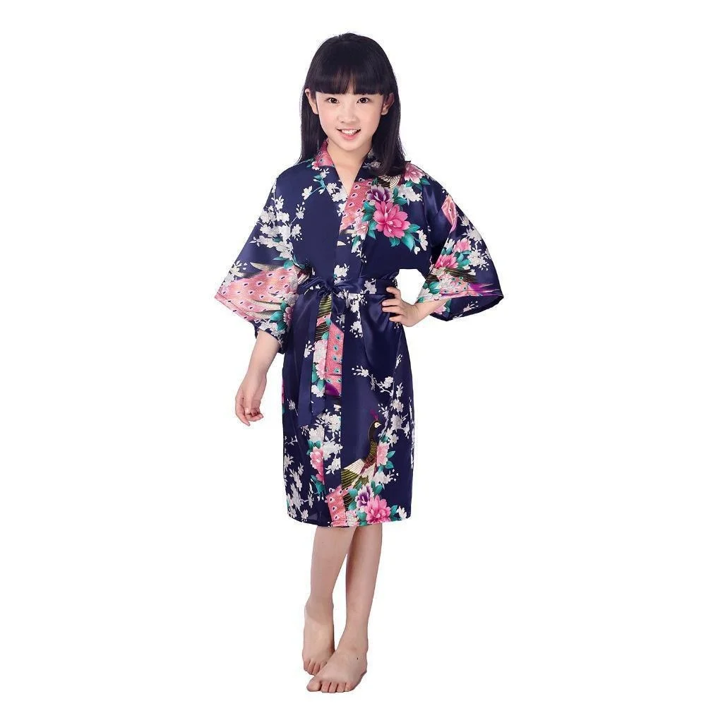 Kids Satin Floral Kimono Robe Flower Girl Peacock Bath Robes for Wedding Spa Party Gifts Bridal Lingerie Sleepwear Bathrobe