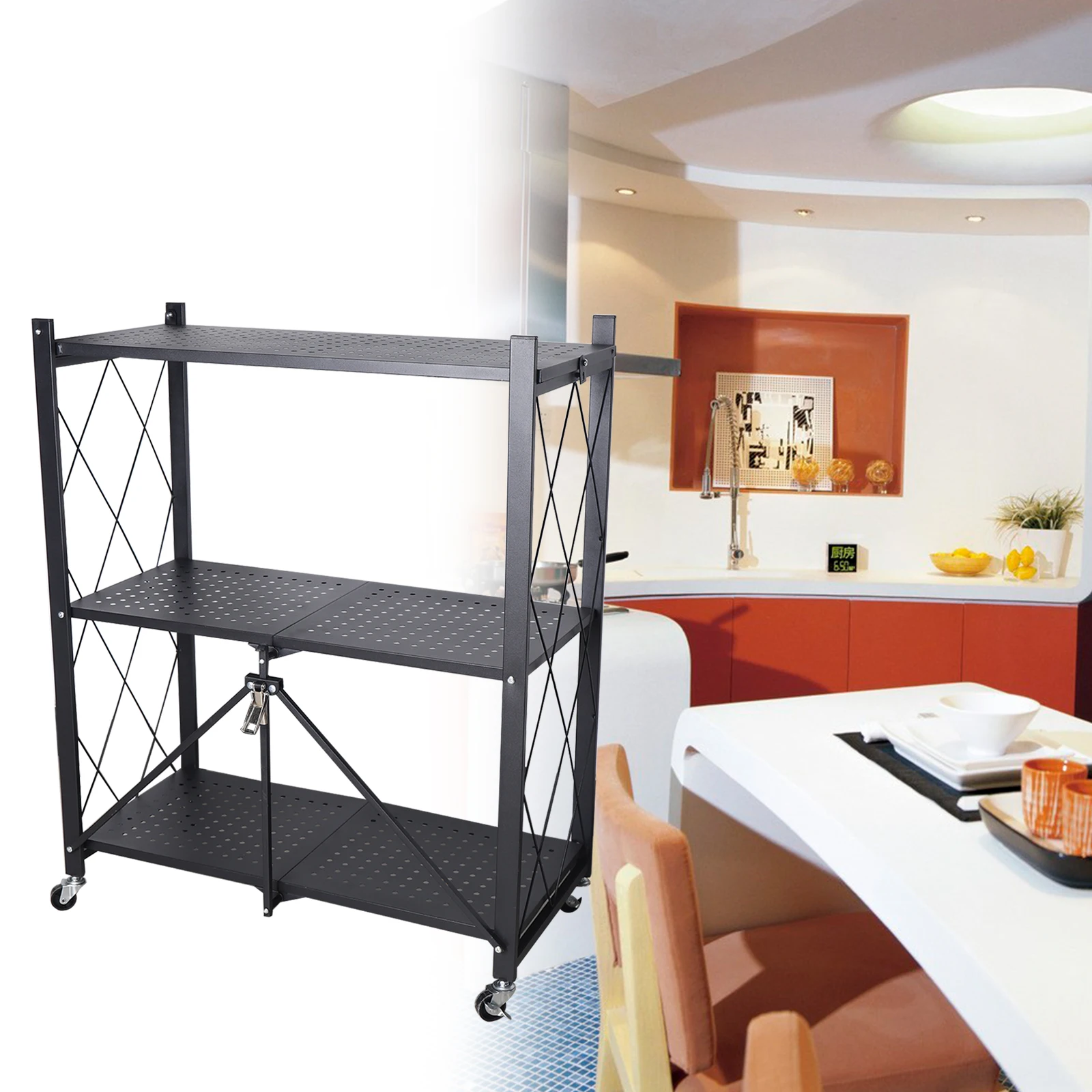 

Three-Story Removable Installation-Free Kitchen Shelf Black Metal Shelf