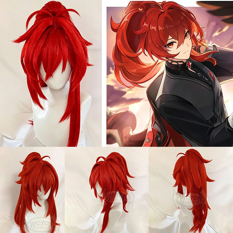 Peluca personalizada Diluc Cosplay Genshin Impact, peluca roja con cola de caballo alta, pelucas sintéticas resistentes al calor, regalo de Halloween