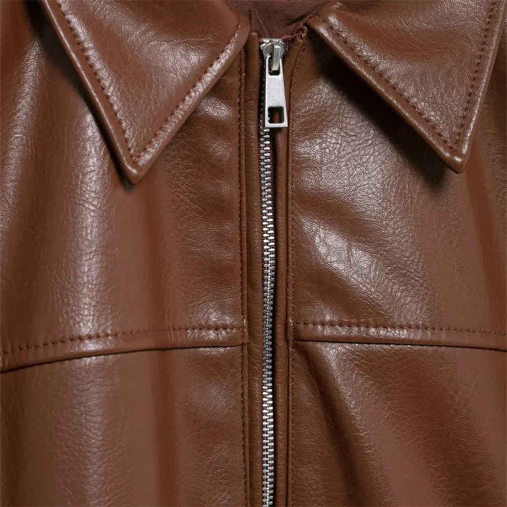 2025 RARA Women's Stylish Lapel - collar Zippered Faux Leather Jacket in Rich Brown for an Edgy Fashion Statement