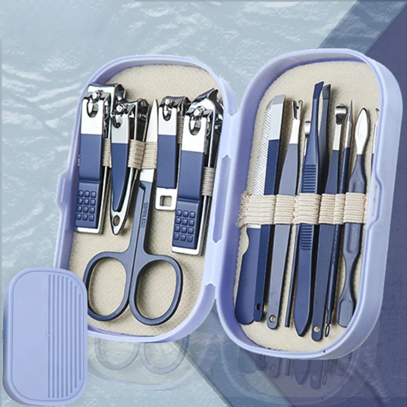 14-teiliges Nagelscheren-Set aus Edelstahl, Deluxe-Maniküre- und Pediküre-Set, rosa und blaue Haarschneidemaschine, Ohrgraben, Löffel für Männer und Frauen