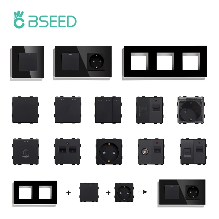 

Настенный светильник BSEED, детали, стеклянные рамки, черные розетки USB, Розетки DIY EU CAT5, розетки для телевизора, запчасти для выходных сетей