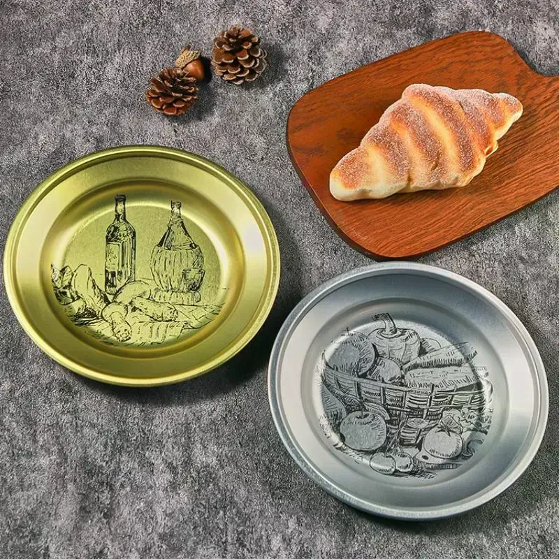 Retro Storage Tray Round Tinplate Desktop Disc Fruit Snack Pastry Plate Dessert Candy Dish Household Kitchen Food Storage Tools