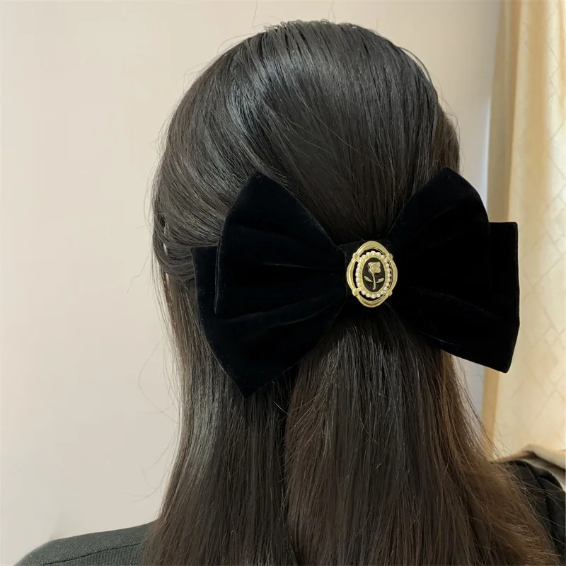 Horquillas con lazo de terciopelo negro para mujer, pinzas para el pelo de rosas de aleación de tela elegante, pasador de cola de caballo a la moda,