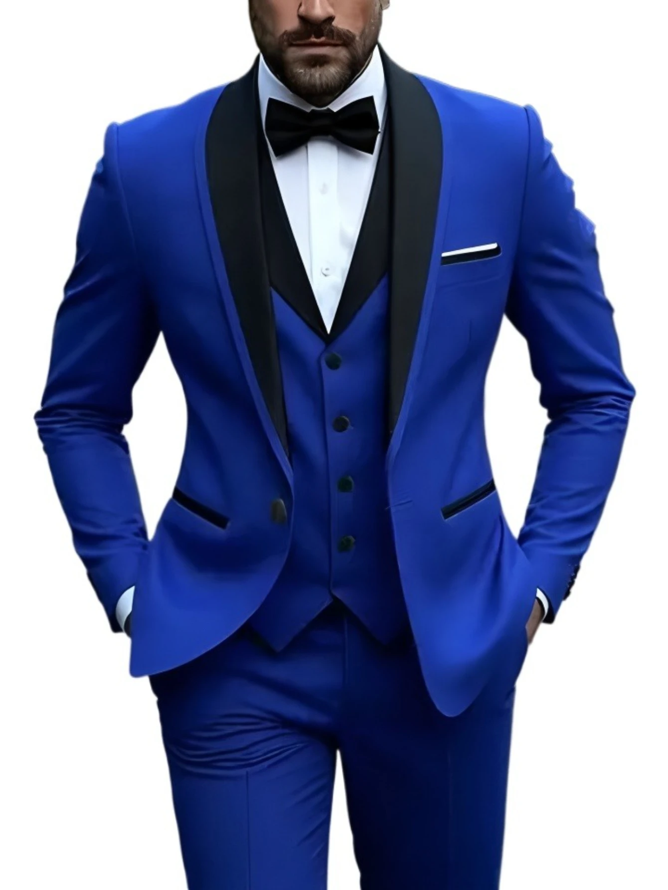 بدلة رجالي بفتحة بيضاء مكونة من 3 قطع شال أسود وطية صدر السترة بدلة العريس غير رسمية لحفلات الزفاف بدلات رجالية 2025 (سترة + سترة + بنطلون)