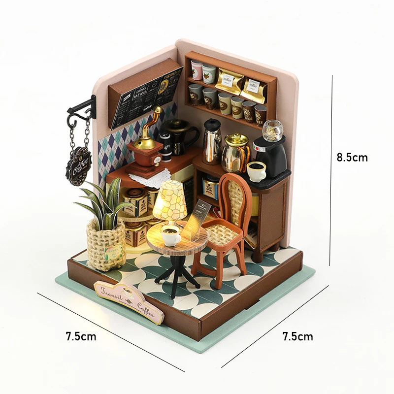 Wooden Mini Doll Houses DIY Handmade 3D Puzzle Assembly Building Kits With Furniture LED Coffee Store Dollhouse Toys For Kids